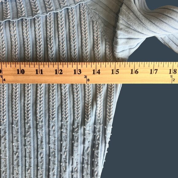 Beaded Womens Large Sweater Blue Ribbed Knit Off Shoulder Pullover Hong Kong 90s - Picture 10 of 13